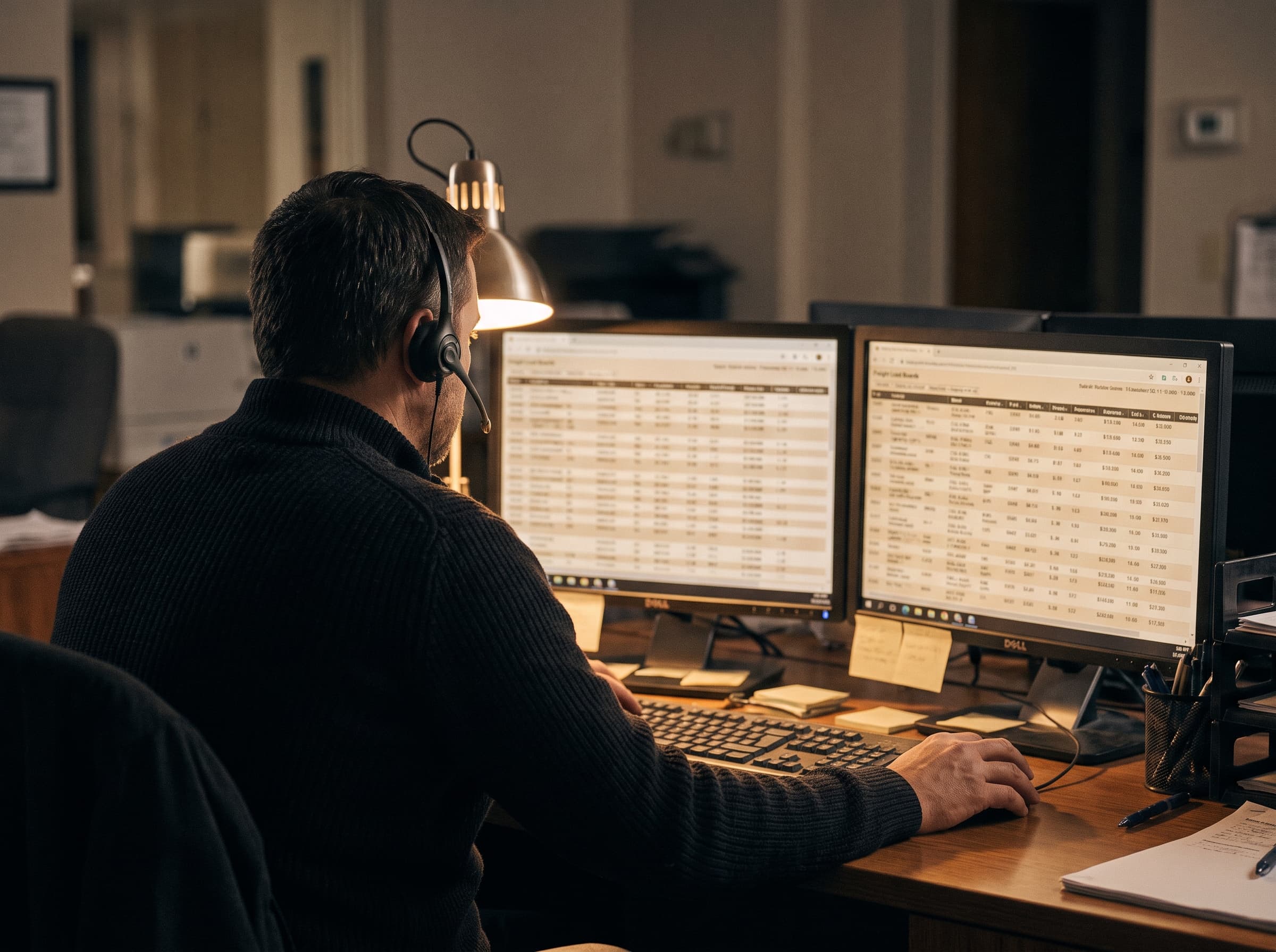 Dispatcher wearing a headset at a desk with two monitors